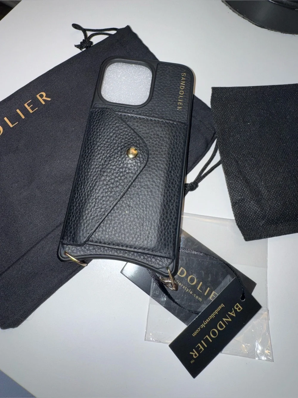 Bandolier iPhone 15 pro max Emelia case and long pearl wristlet